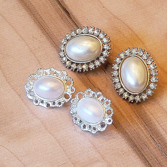 2 Pair Faux Pearl Crystal Earrings Gold Silver … - Picture 2 of 5